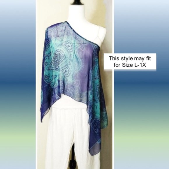 Top & Scarf 2in1 Blue Green Paisley Print Sheer Chiffon Slip-on Lightweight - Picture 3 of 14
